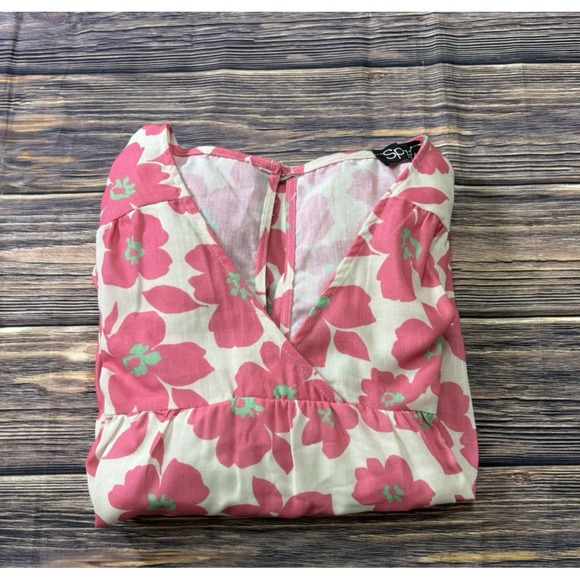 Spin USA Womens Mini Dress XL White w/ Pink Floral Print V-Neck Linen - Picture 15 of 15